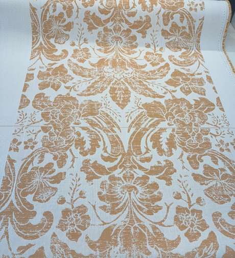 Sunbrella Eleanor Pillow Apricot Sunbrella Acrylic Fabric - Apricot/Soft Gold On White Floral Damask, 56" Width (1 Yard)