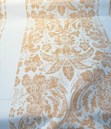 Sunbrella Eleanor Pillow Apricot Sunbrella Acrylic Fabric - Apricot/Soft Gold On White Floral Damask, 56" Width (1 Yard)