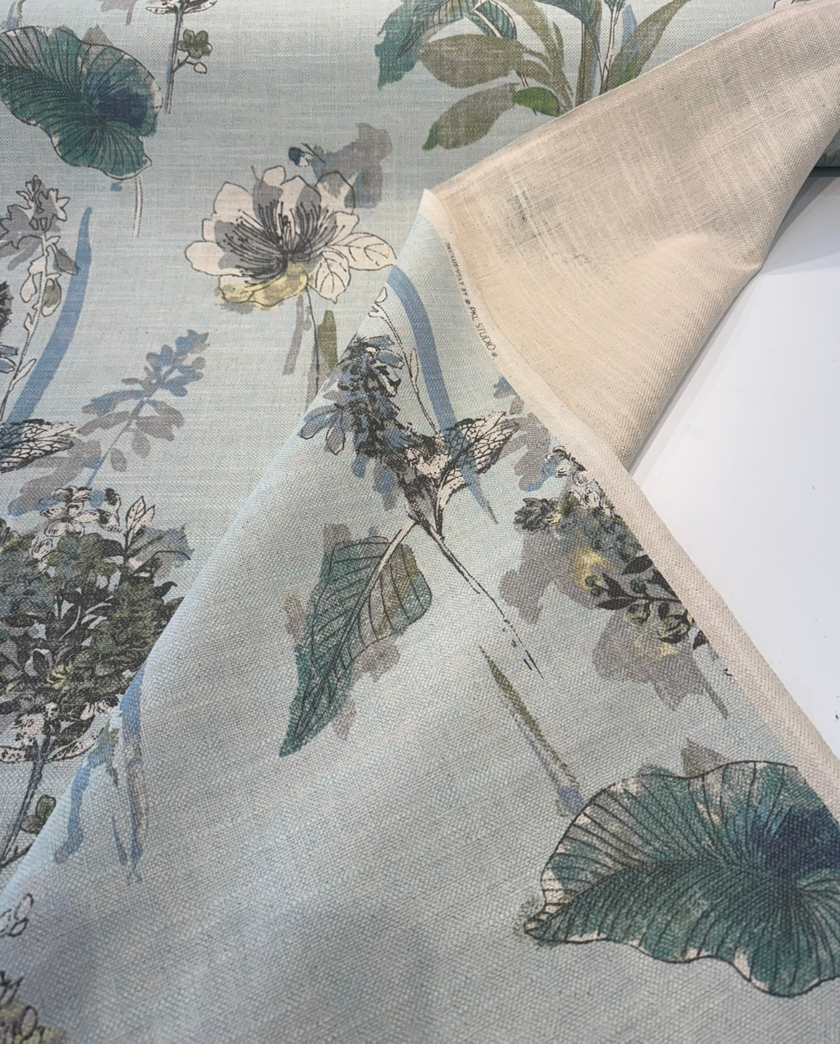 Free Hand Floral Glacier Linen Blend Fabric - Glacier, Mist Green, Spa Blue, Leaf Green, Floral, 55" Width (1 Yard)