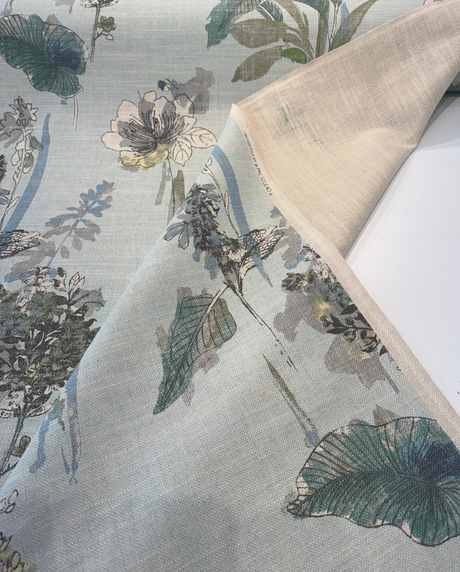 Free Hand Floral Glacier Linen Blend Fabric - Glacier, Mist Green, Spa Blue, Leaf Green, Floral, 55" Width (1 Yard)