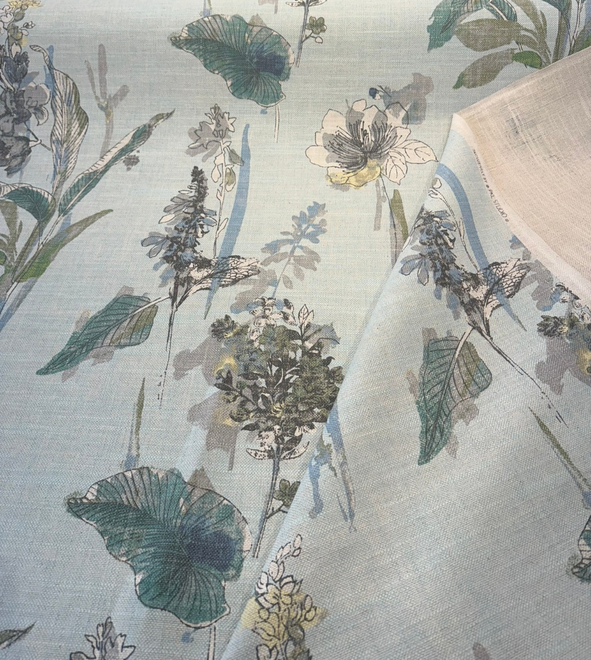 Free Hand Floral Glacier Linen Blend Fabric - Glacier, Mist Green, Spa Blue, Leaf Green, Floral, 55" Width (1 Yard)