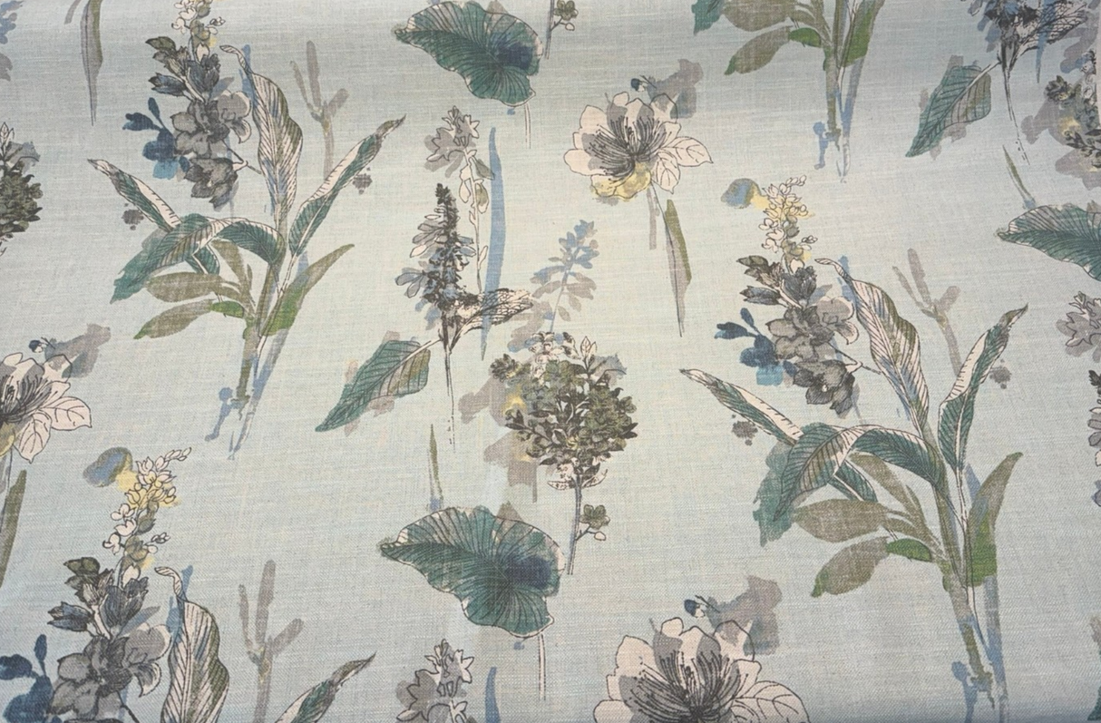 Free Hand Floral Glacier Linen Blend Fabric - Glacier, Mist Green, Spa Blue, Leaf Green, Floral, 55" Width (1 Yard)