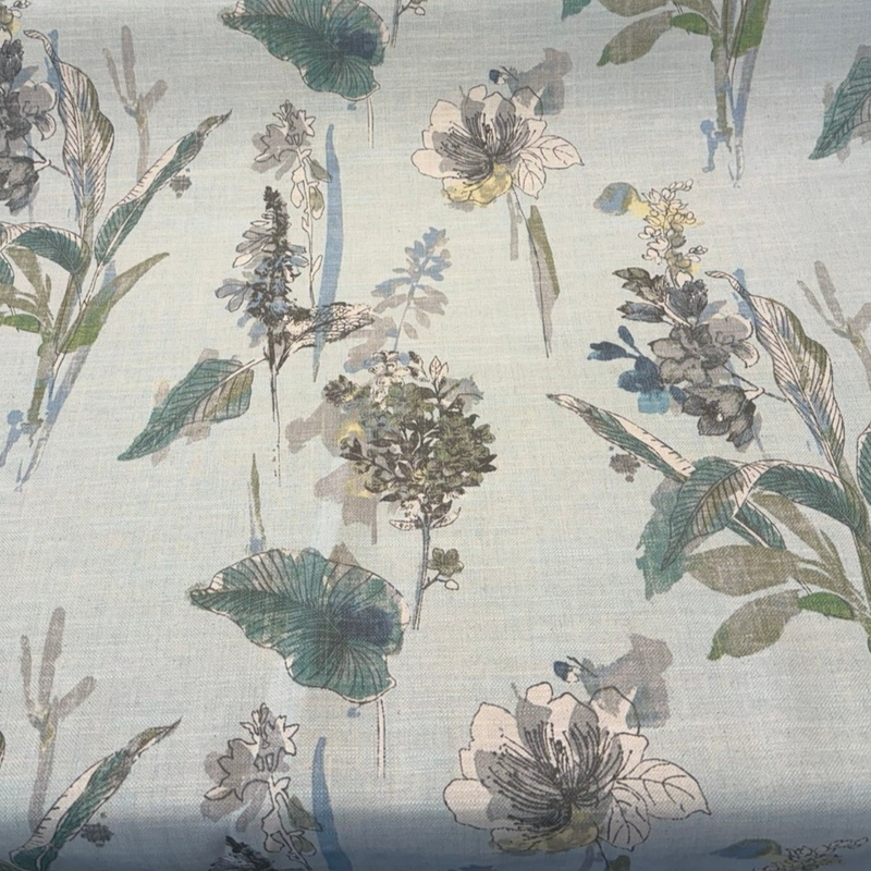 Free Hand Floral Glacier Linen Blend Fabric - Glacier, Mist Green, Spa Blue, Leaf Green, Floral, 55" Width (1 Yard)