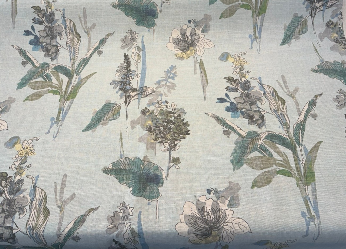 Free Hand Floral Glacier Linen Blend Fabric - Glacier, Mist Green, Spa Blue, Leaf Green, Floral, 55" Width (1 Yard)