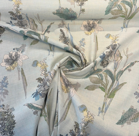 Free Hand Floral Glacier Linen Blend Fabric - Glacier, Mist Green, Spa Blue, Leaf Green, Floral, 55" Width (1 Yard)