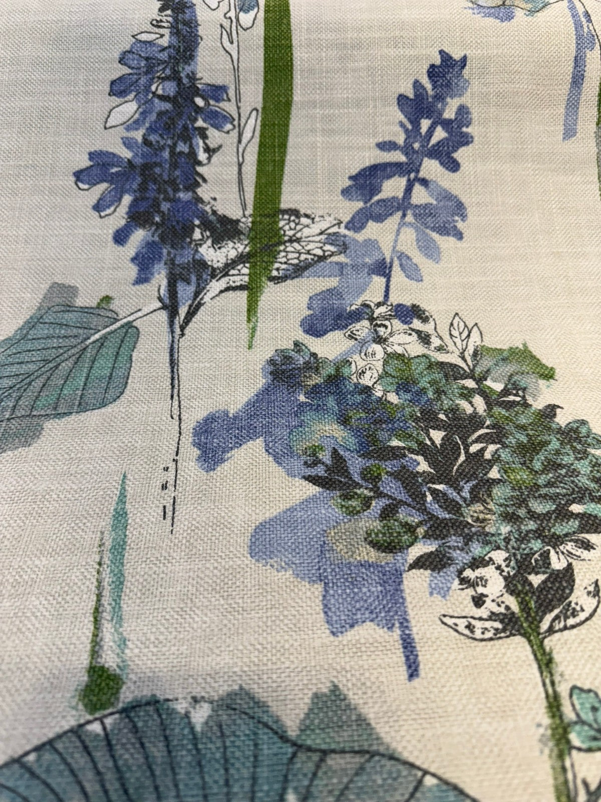 Free Hand Floral Atmosphere Printed Linen Blend Fabric - Spa Blue, Lime, Mint, Gray, Off White Floral Botanical Watercolor, 55" Width (1 Yard)