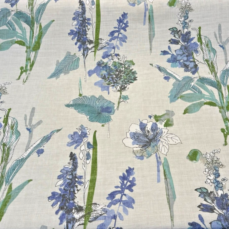 Free Hand Floral Atmosphere Printed Linen Blend Fabric - Spa Blue, Lime, Mint, Gray, Off White Floral Botanical Watercolor, 55" Width (1 Yard)
