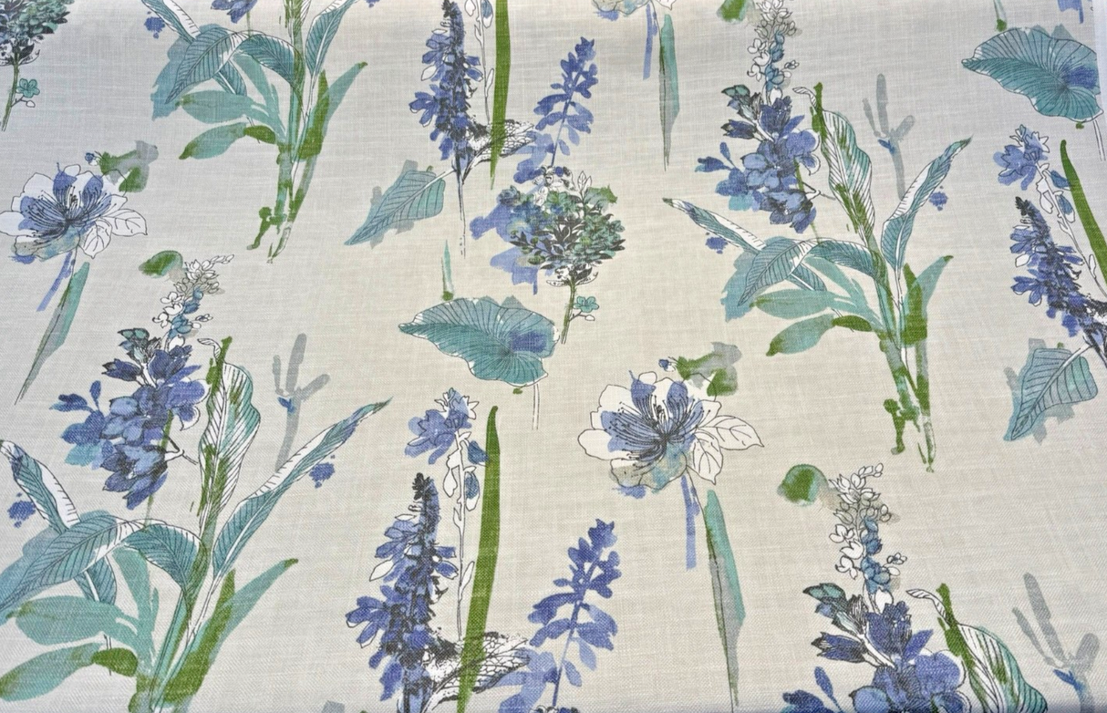Free Hand Floral Atmosphere Printed Linen Blend Fabric - Spa Blue, Lime, Mint, Gray, Off White Floral Botanical Watercolor, 55" Width (1 Yard)
