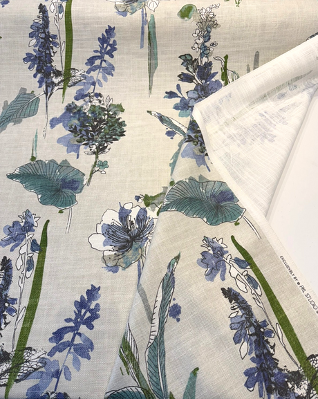 Free Hand Floral Atmosphere Printed Linen Blend Fabric - Spa Blue, Lime, Mint, Gray, Off White Floral Botanical Watercolor, 55" Width (1 Yard)