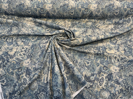 Cumbrae Denim Printed Chenille Fabric - Denim Blue, Distressed Medallion And Abstract Floral, 54" Width (1 Yard)