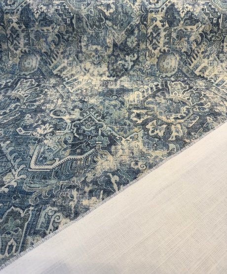 Cumbrae Denim Printed Chenille Fabric - Denim Blue, Distressed Medallion And Abstract Floral, 54" Width (1 Yard)