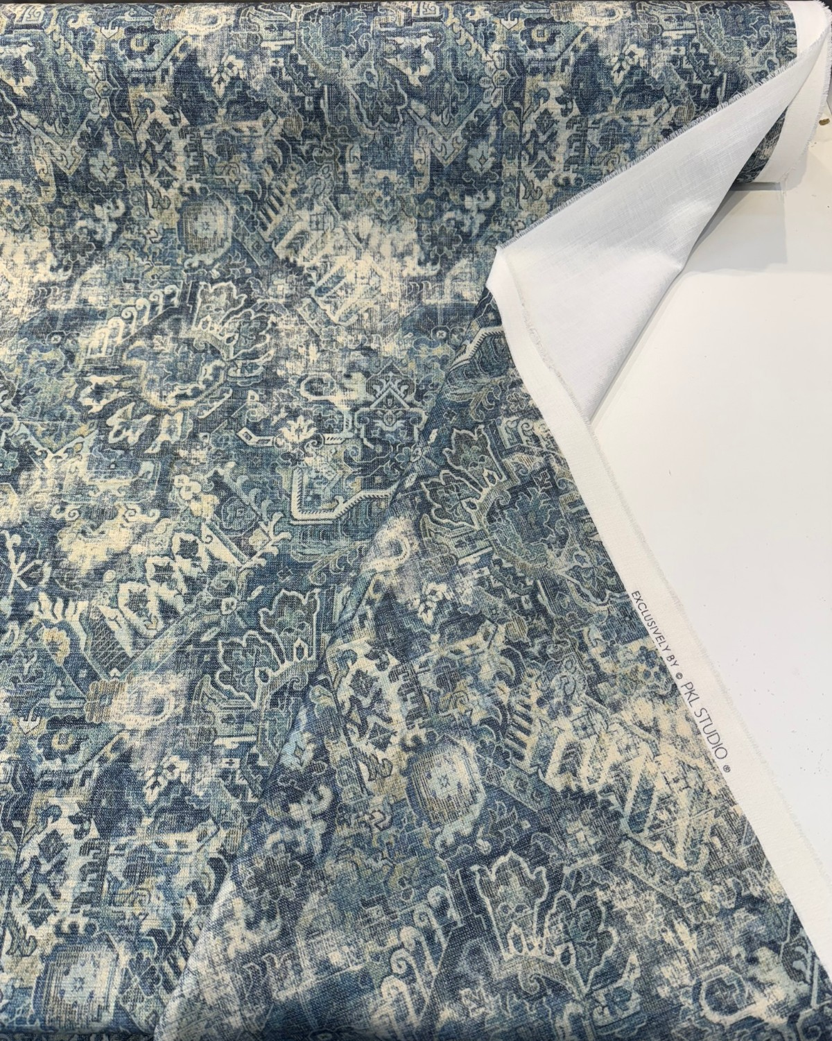 Cumbrae Denim Printed Chenille Fabric - Denim Blue, Distressed Medallion And Abstract Floral, 54" Width (1 Yard)
