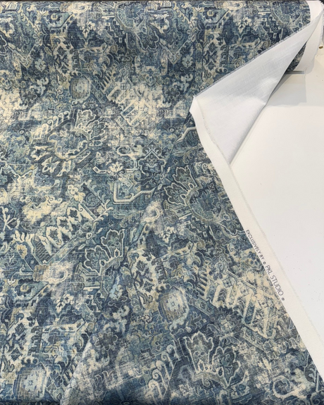 Cumbrae Denim Printed Chenille Fabric - Denim Blue, Distressed Medallion And Abstract Floral, 54" Width (1 Yard)