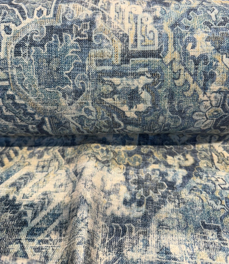 Cumbrae Denim Printed Chenille Fabric - Denim Blue, Distressed Medallion And Abstract Floral, 54" Width (1 Yard)