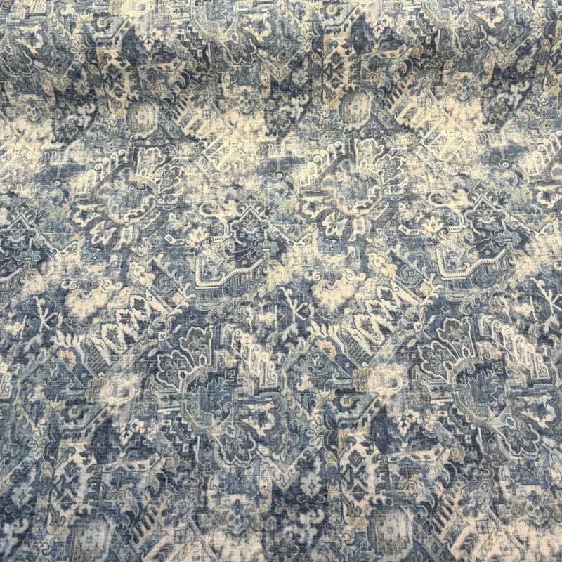 Cumbrae Denim Printed Chenille Fabric - Denim Blue, Distressed Medallion And Abstract Floral, 54" Width (1 Yard)
