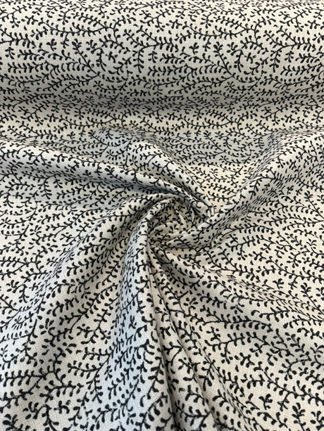 Sunbrella Eberly Onyx Black Acrylic Fabric - Black And Ivory Reversible Botanical Vine Pattern, 54" Width (1 Yard)