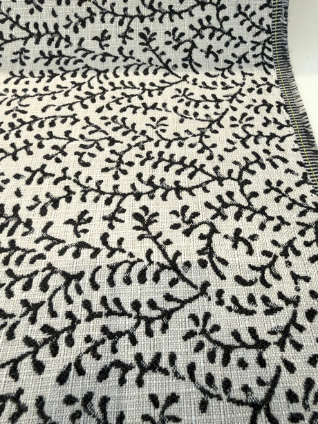Sunbrella Eberly Onyx Black Acrylic Fabric - Black And Ivory Reversible Botanical Vine Pattern, 54" Width (1 Yard)