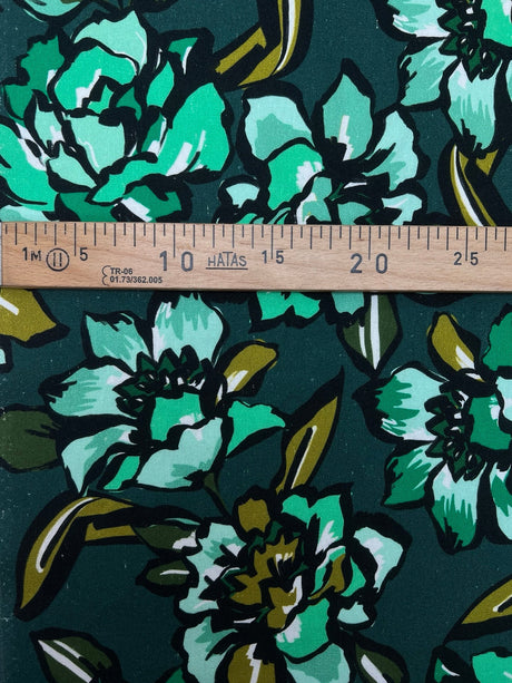 Linen Viscose Floral Print Green Black