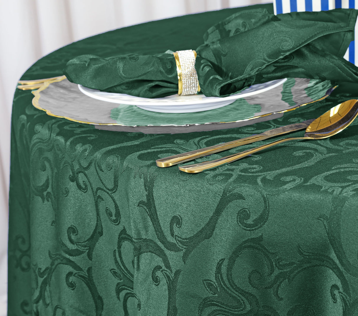 Round Polyester Tablecloth 132" Versailles Chopin Damask Hunter Green/Holly Green