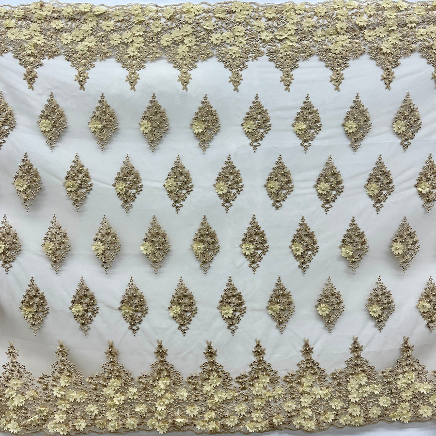 1 Yard - Beaded 3D Floral Lace Fabric Embroidered on 100% Polyester Net Mesh - 52" Wide