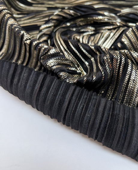 Polyester Elastane Plissé Fabric in Golden Black