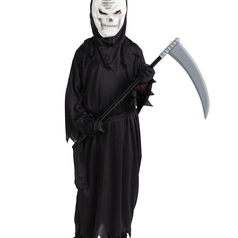 Kids Grim Reaper costume with cloak mask and scythe