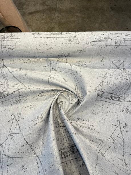 Sunbrella Point Of Sail Sunbrella Acrylic Fabric - Blue Sky Nautical Sailboat Sketch, 54" Width (1 Yard)