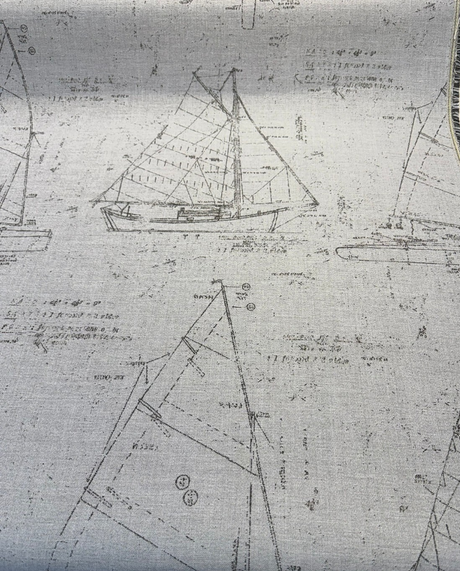 Sunbrella Point Of Sail Sunbrella Acrylic Fabric - Blue Sky Nautical Sailboat Sketch, 54" Width (1 Yard)