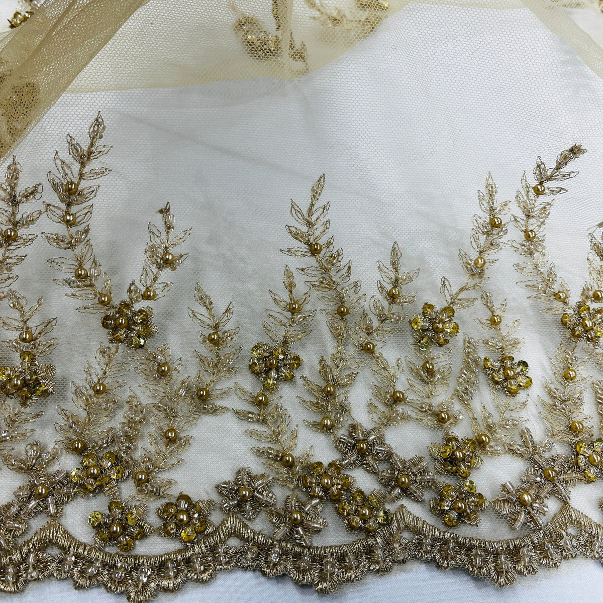 1 Yard Beaded Lace Fabric Embroidered, 100% Polyester Net Mesh, Elegant Textile for Fashion & Crafts