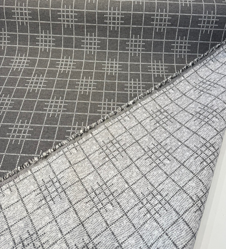 Sunbrella Pindler Gridlock Solution Dyed Acrylic Fabric - Charcoal Gray Geometric Pattern, 54" Width (1 Yard)