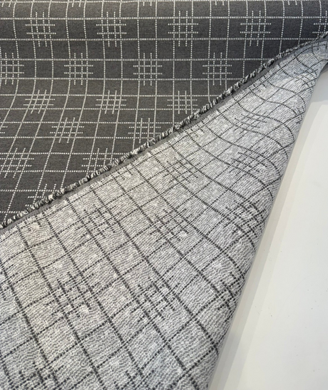 Sunbrella Pindler Gridlock Solution Dyed Acrylic Fabric - Charcoal Gray Geometric Pattern, 54" Width (1 Yard)