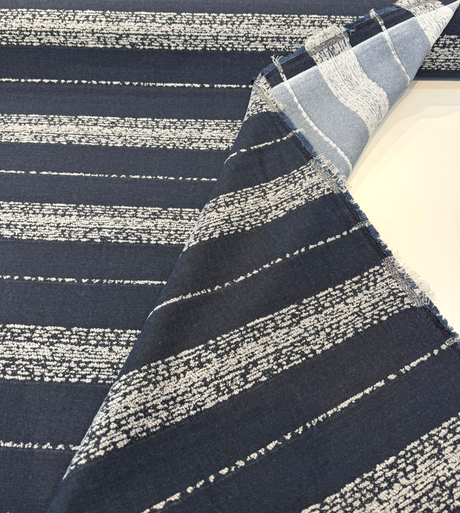 Sunbrella Alaxi Bel Air Nightfall Sunbrella Acrylic Fabric - Navy Blue, Textured White Horizontal Stripes, 54" Width (By The Yard)