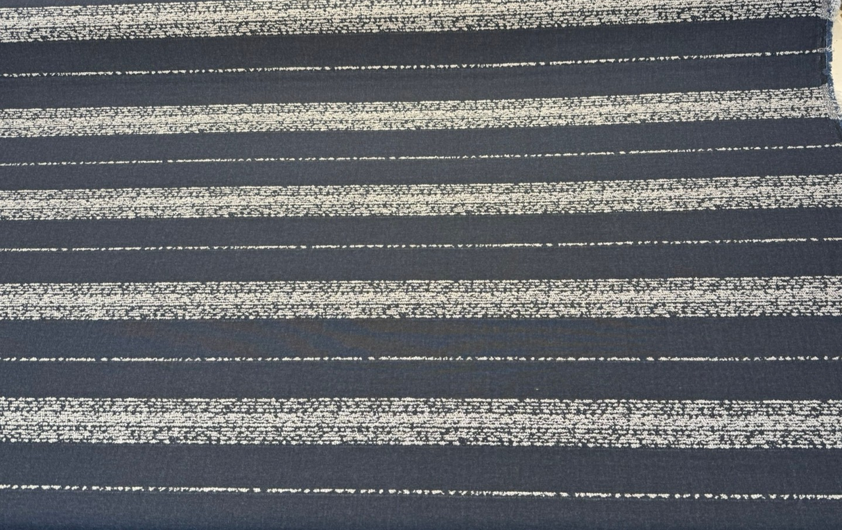 Sunbrella Alaxi Bel Air Nightfall Sunbrella Acrylic Fabric - Navy Blue, Textured White Horizontal Stripes, 54" Width (By The Yard)