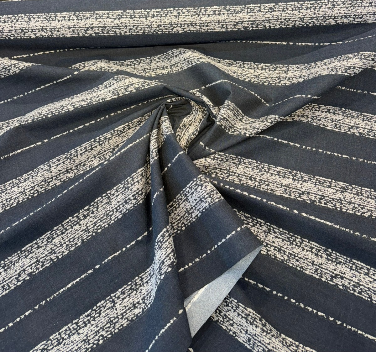 Sunbrella Alaxi Bel Air Nightfall Sunbrella Acrylic Fabric - Navy Blue, Textured White Horizontal Stripes, 54" Width (By The Yard)