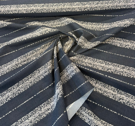 Sunbrella Alaxi Bel Air Nightfall Sunbrella Acrylic Fabric - Navy Blue, Textured White Horizontal Stripes, 54" Width (By The Yard)