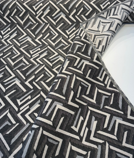 Sunbrella Kaza Charcoal Solution-Dyed Acrylic Fabric - Charcoal, Graphite, Light Gray, Off-White Geometric Pattern, 56" Width (1 Yard)