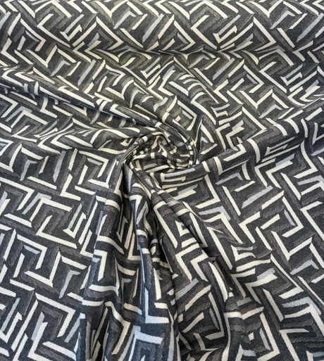 Sunbrella Kaza Charcoal Solution-Dyed Acrylic Fabric - Charcoal, Graphite, Light Gray, Off-White Geometric Pattern, 56" Width (1 Yard)