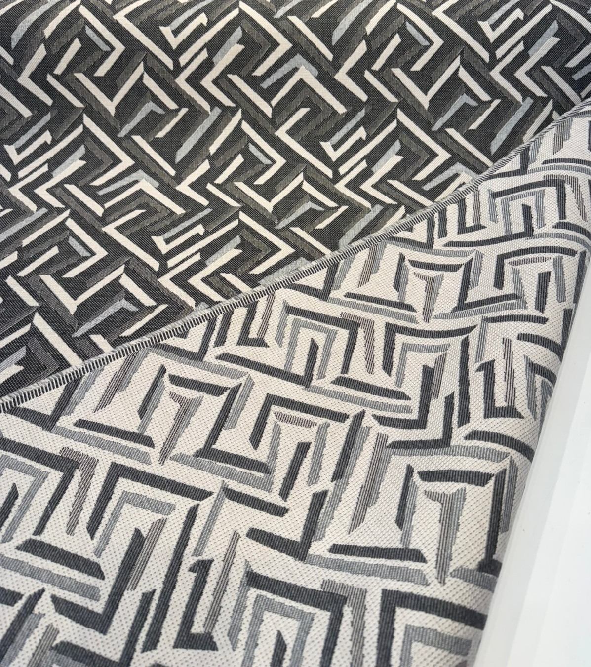 Sunbrella Kaza Charcoal Solution-Dyed Acrylic Fabric - Charcoal, Graphite, Light Gray, Off-White Geometric Pattern, 56" Width (1 Yard)