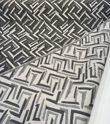 Sunbrella Kaza Charcoal Solution-Dyed Acrylic Fabric - Charcoal, Graphite, Light Gray, Off-White Geometric Pattern, 56" Width (1 Yard)