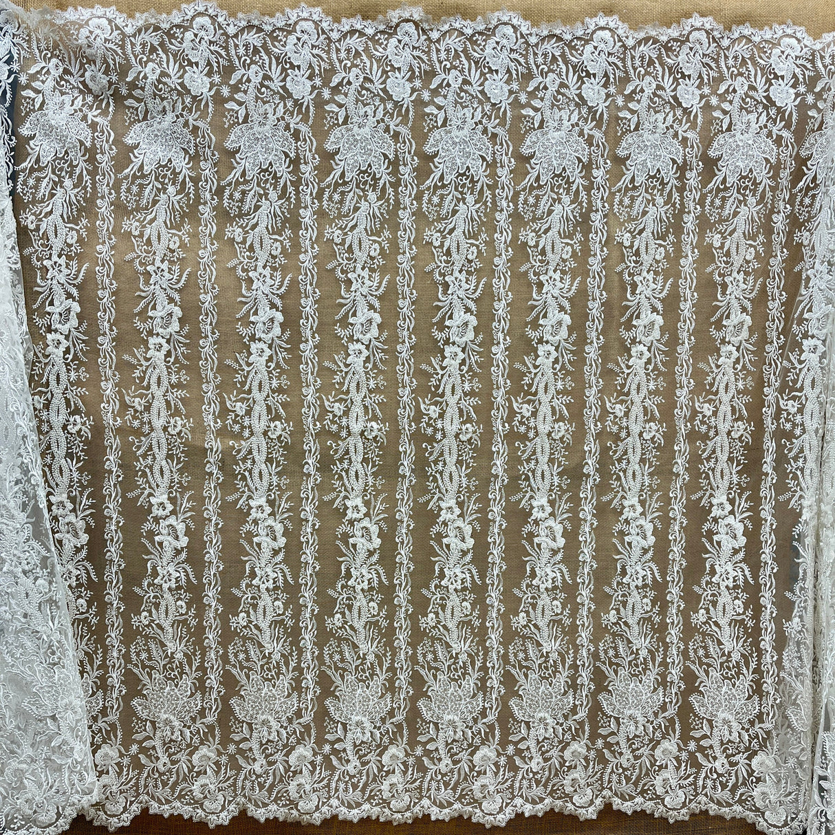 Beaded Lace Fabric Embroidered on 100% Polyester Net Mesh, Ivory, 51" Wide
