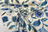 Light Of Day Blue Larkspur Cotton Linen Fabric - Jacobean Floral, Sky Blue/Deep Sea Blue/Navy, 54" Width (1 Yard)
