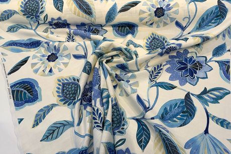 Light Of Day Blue Larkspur Cotton Linen Fabric - Jacobean Floral, Sky Blue/Deep Sea Blue/Navy, 54" Width (1 Yard)