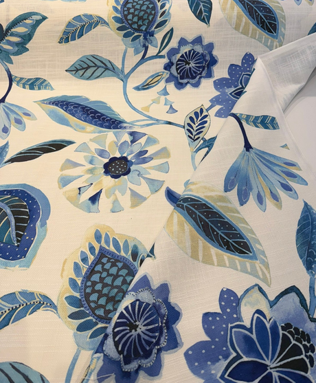 Light Of Day Blue Larkspur Cotton Linen Fabric - Jacobean Floral, Sky Blue/Deep Sea Blue/Navy, 54" Width (1 Yard)