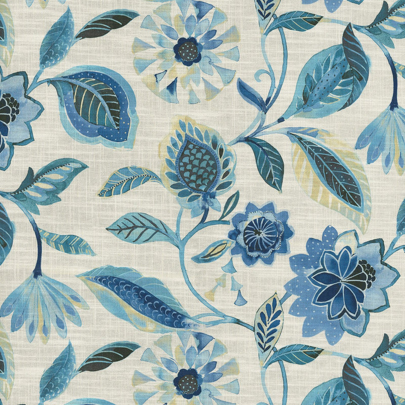 Light Of Day Blue Larkspur Cotton Linen Fabric - Jacobean Floral, Sky Blue/Deep Sea Blue/Navy, 54" Width (1 Yard)