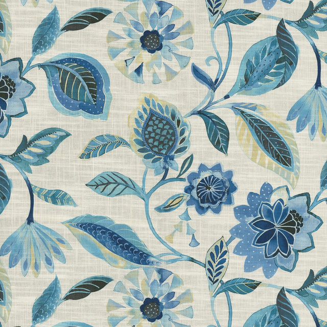 Light Of Day Blue Larkspur Cotton Linen Fabric - Jacobean Floral, Sky Blue/Deep Sea Blue/Navy, 54" Width (1 Yard)
