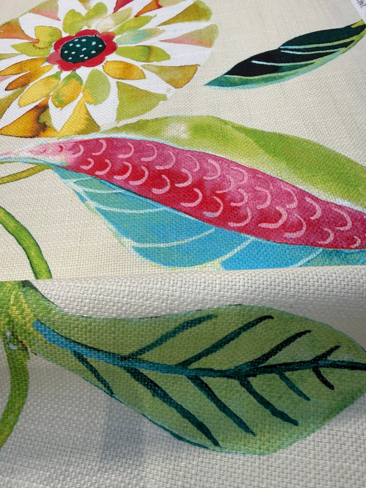 Light Of Day Apple Blossom Printed Linen Blend Fabric - Jacobean Floral And Vine, Rose, Golden Yellow, Fern Green, Spa Blue, 54" Width (1 Yard)