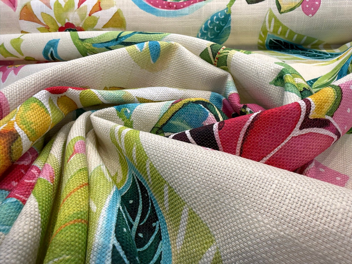 Light Of Day Apple Blossom Printed Linen Blend Fabric - Jacobean Floral And Vine, Rose, Golden Yellow, Fern Green, Spa Blue, 54" Width (1 Yard)