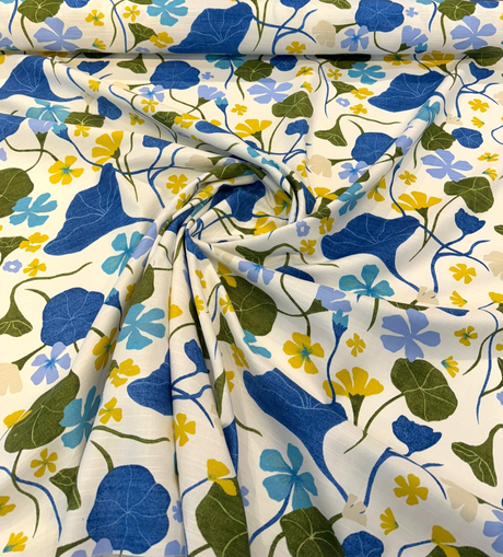 Nasturtiums Blueberry Cotton Fabric - Botanical Floral Print, Eggshell Background, 54" Width (1 Yard)