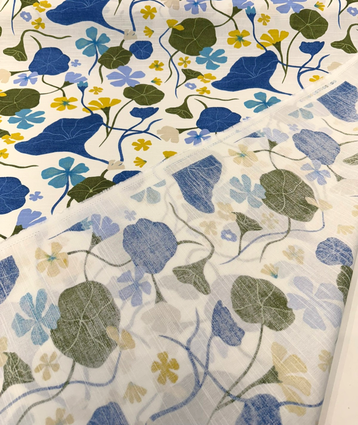 Nasturtiums Blueberry Cotton Fabric - Botanical Floral Print, Eggshell Background, 54" Width (1 Yard)