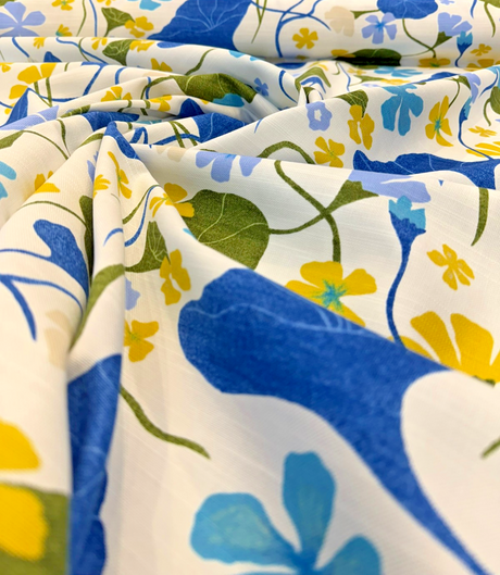 Nasturtiums Blueberry Cotton Fabric - Botanical Floral Print, Eggshell Background, 54" Width (1 Yard)